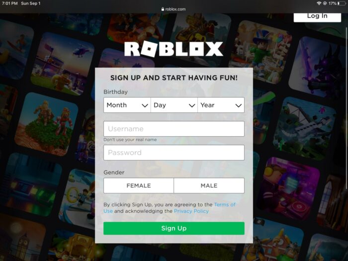 Roblox login or sign up