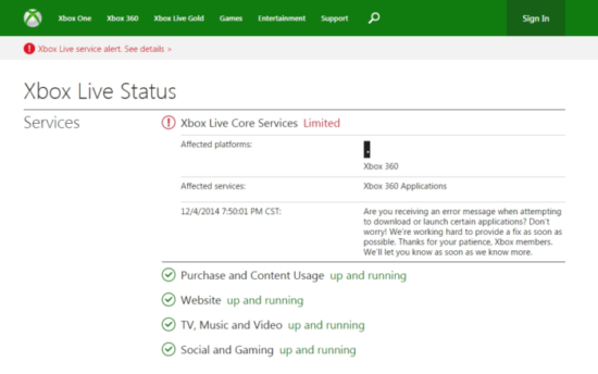 XBOX LIVE SERVICE STATUS
