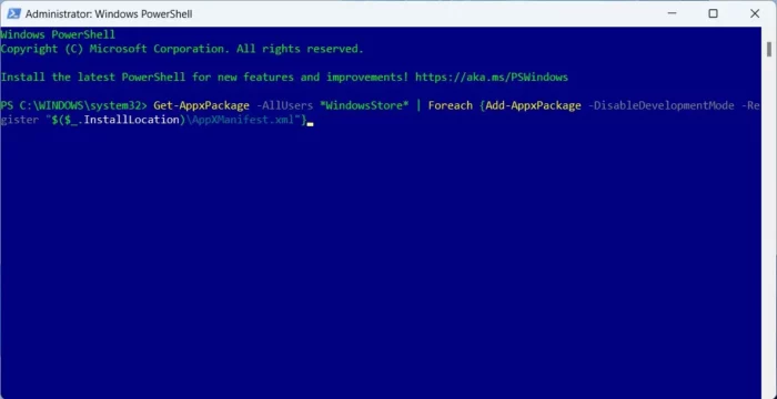 re-registering the Microsoft Store using PowerShell