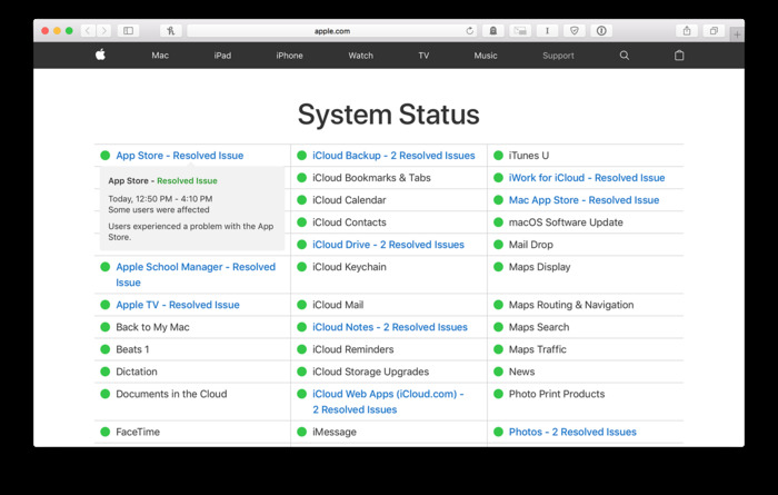 APPLE SYSTEM STATUS PAGE