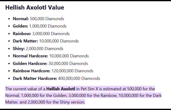 Hellish Axolotl Value in Pet Simulator X