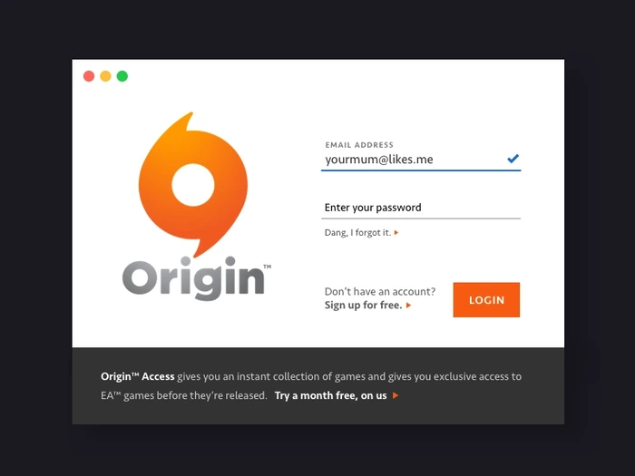 Origin Account Login Screen