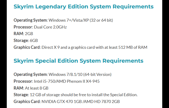 Skyrim Legendary vs. Special Edition system requirements (1)