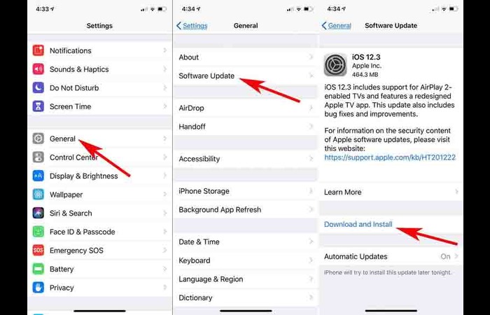 iPhone General Settings and Software Update Screen