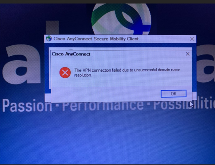 error vpn connection failed due to unsuccessful domain name resolution